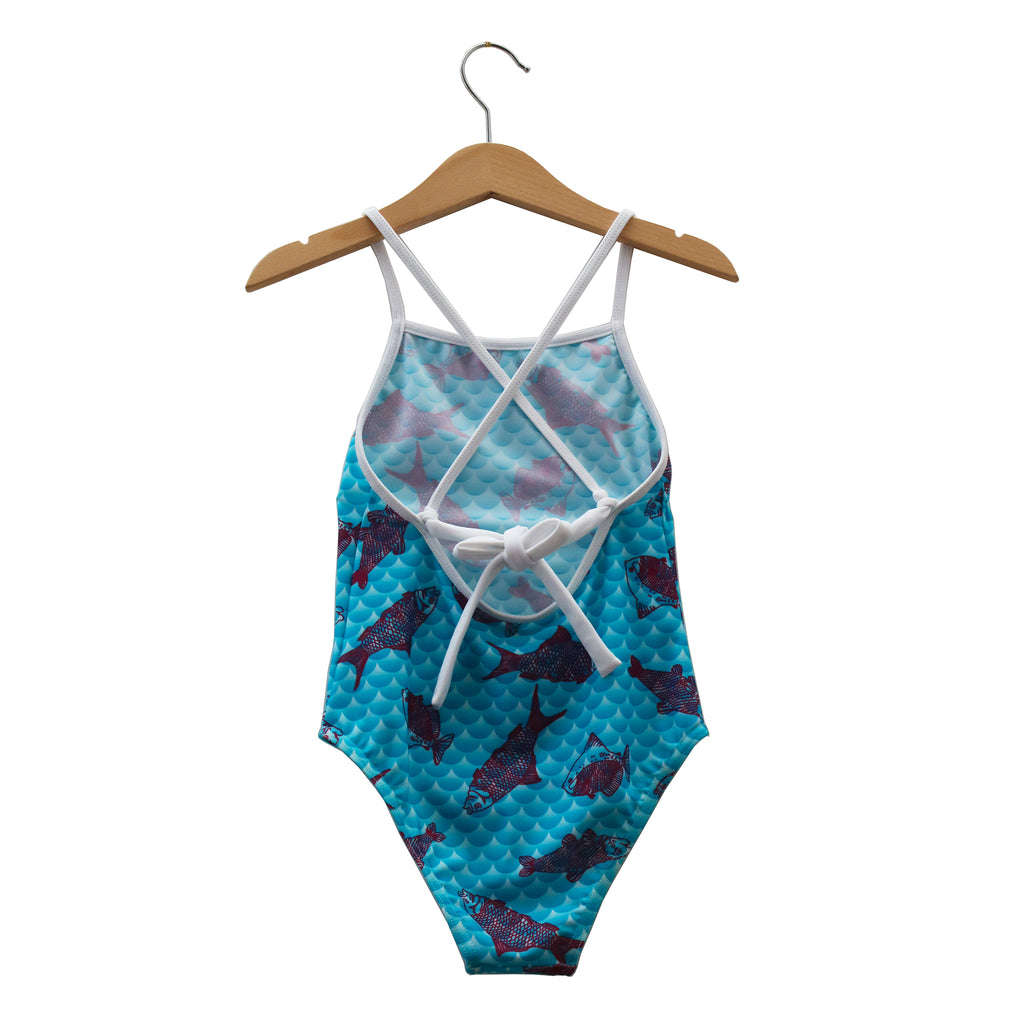 Back Bow Swimming Suit / Fishes and Waves Print