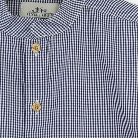 Mandarin collar shirt | Navy Vichy